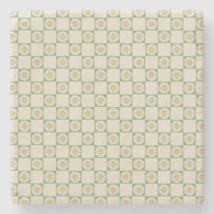 Green Aesthetic Checkered Sunflower Y2K Pattern Stone Coaster
