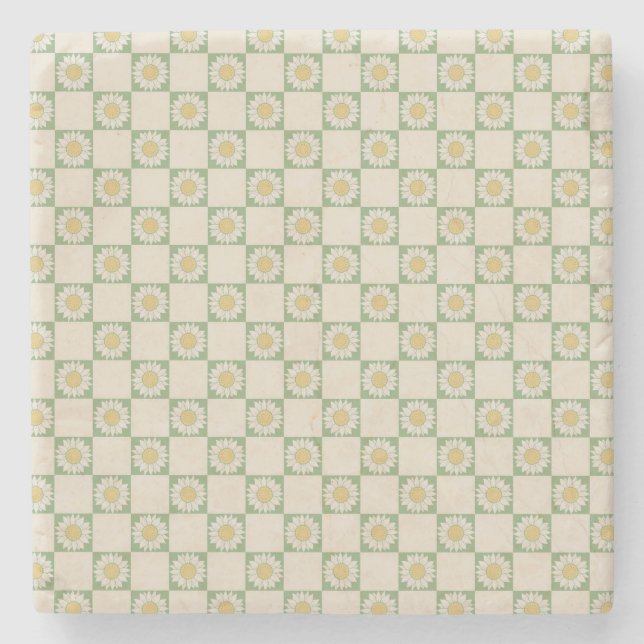 Green Aesthetic Checkered Sunflower Y2K Pattern Stone Coaster (Front)