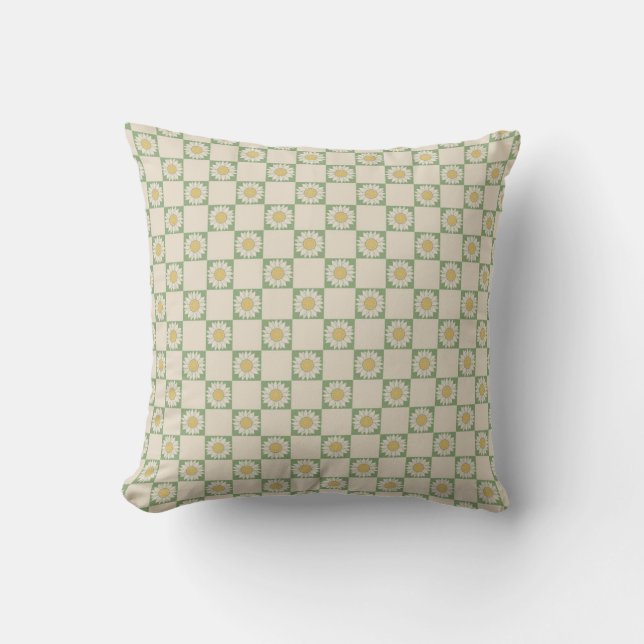 Green Aesthetic Checkered Sunflower Y2K Pattern Throw Pillow (Front)