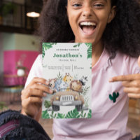 Green Aesthetic Safari Animals Birthday Invite