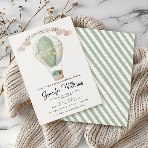 Green African American hot air balloon baby shower Invitation