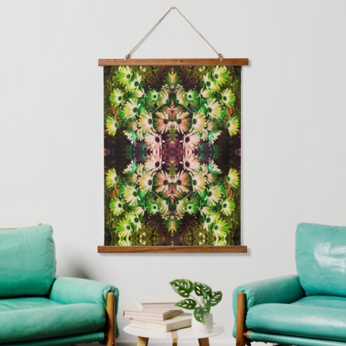 Green African Daisies Distressed Abstract Flowers  Hanging Tapestry