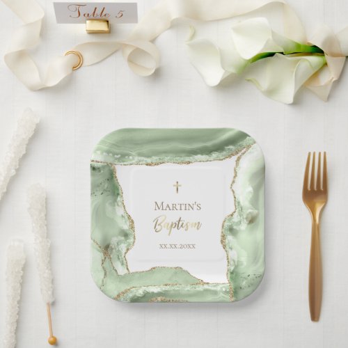 green agate Baptism Paper Plates