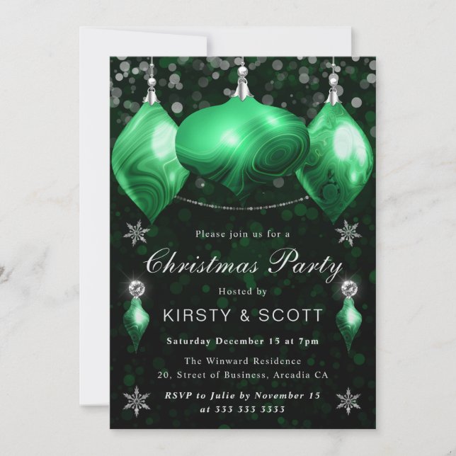 Green Agate Baubles Christmas Dinner Party Invitation (Front)