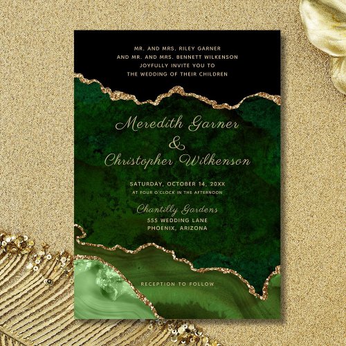 Green Agate Geode Gold Glitter Formal Wedding Invitation