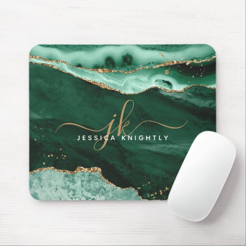 Green Agate Geode Gold Glitter Script Monogram Mouse Pad