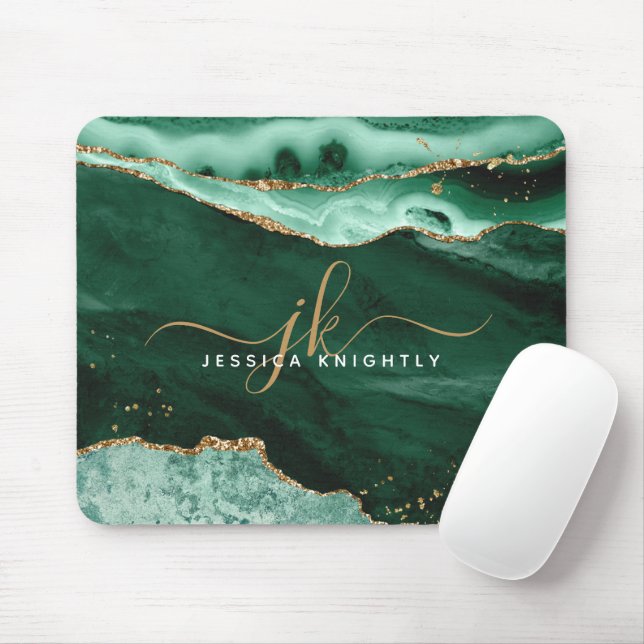 Green Agate Geode Gold Glitter Script Monogram Mouse Pad (With Mouse)