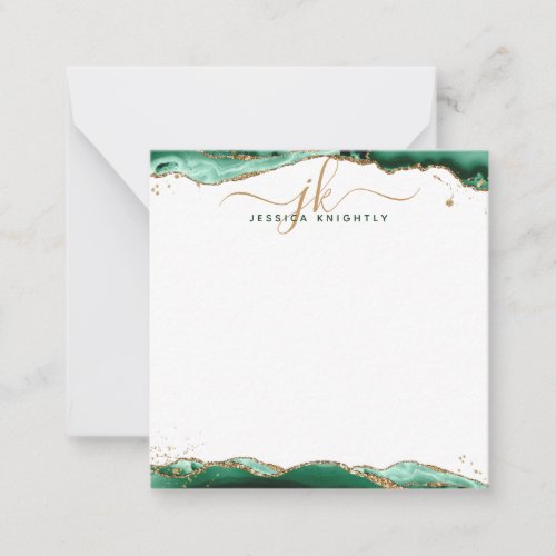 Green Agate Geode Gold Glitter Script Monogram Note Card