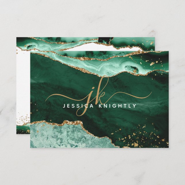 Green Agate Geode Gold Glitter Script Monogram Note Card (Front/Back)