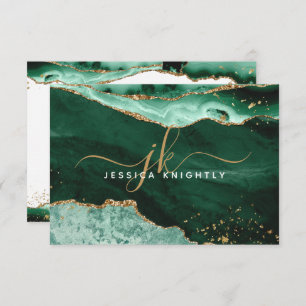 Green Agate Geode Gold Glitter Script Monogram Note Card