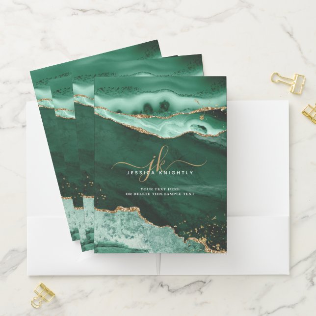 Green Agate Geode Gold Script Monogram Pocket Folder (In Situ)