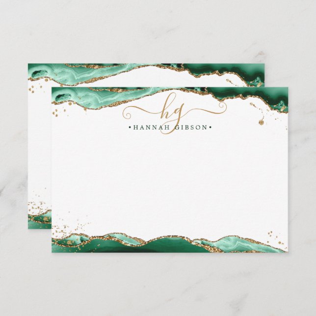 Green Agate Geode Monogram Script Gold Glitter Note Card (Front/Back)