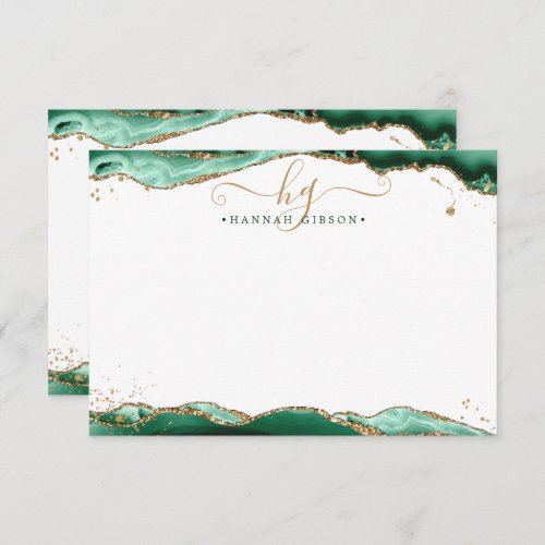 Green Agate Geode Monogram Script Gold Glitter Note Card