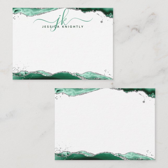 Green Agate Geode Script Monogram Silver Glitter Note Card (Front/Back)