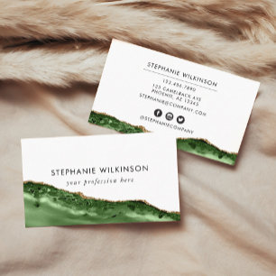Green Agate & Gold Border Watercolor Business Card