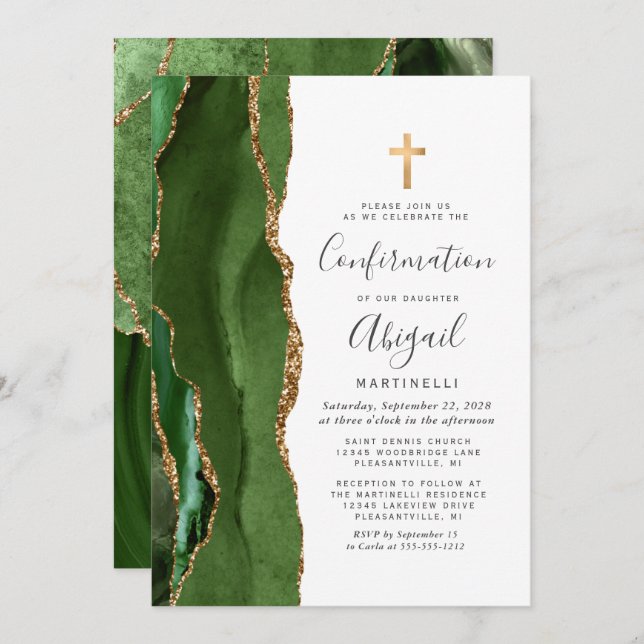  Green Agate Gold Glitter Confirmation Invitation (Front/Back)