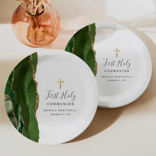 Green Agate Gold Glitter First Holy Communion Paper Plates (Creator Uploaded)