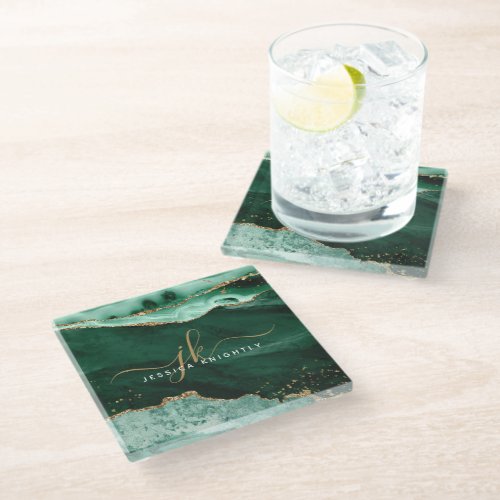 Green Agate Gold Glitter Script Monogram Glass Coaster