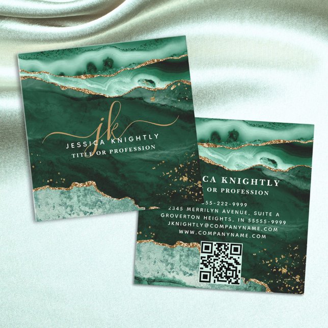 Green Agate Gold Glitter Script Monogram QR Square Business Card (Creator Uploaded)