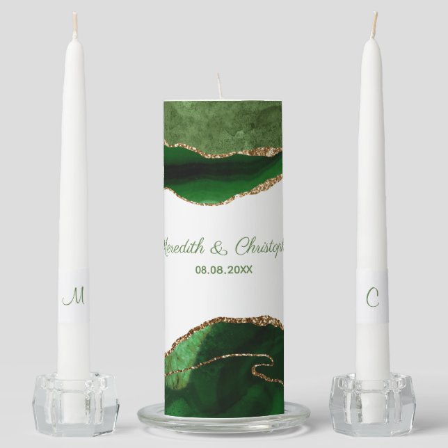 Green Agate Gold Glitter Wedding Unity Candle Set (Front)