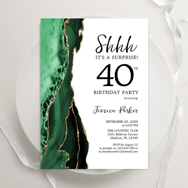 Green Agate Gold White Surprise 40th Birthday Invitation (Creator Uploaded)