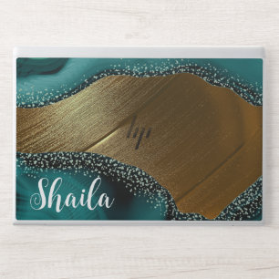 Green agate marble rose gold name script HP laptop skin