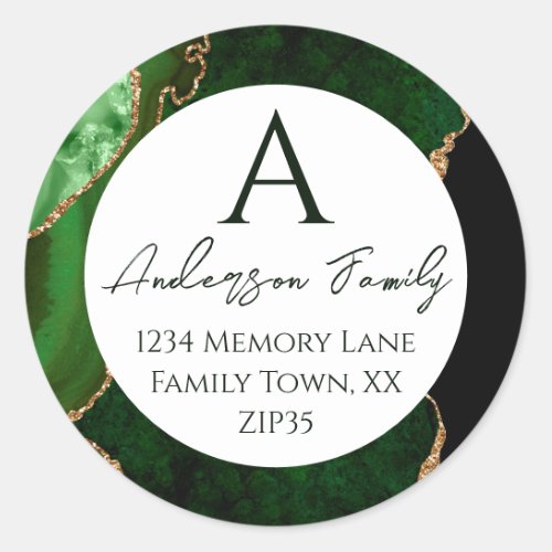 Green Agate Monogram Family Address Classic Round Sticker