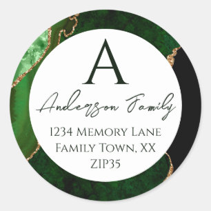 Green Agate Monogram Family Address Classic Round Sticker