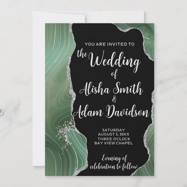 Green Agate Silver Glitter Wedding Invitation  (Front)