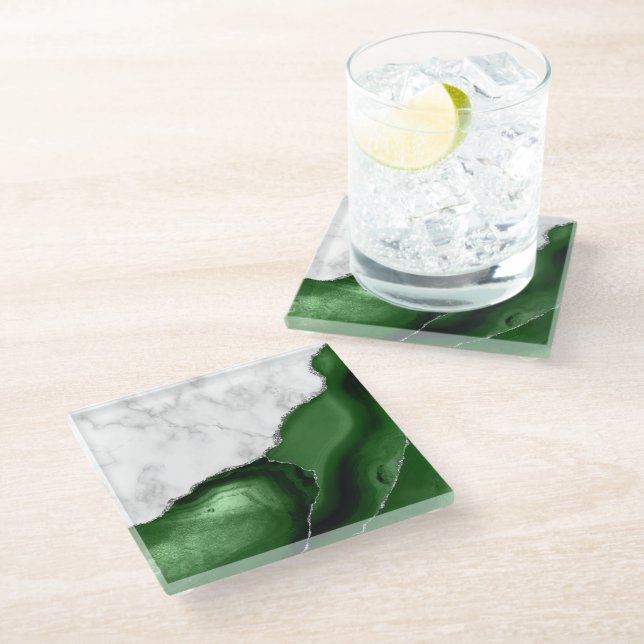 Green Agate Silver Glitter White Faux Marble Glass Coaster (Angled)