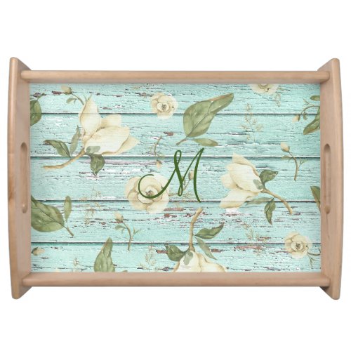 Green Aged Wood Monogram Magnolia  Serving Tray