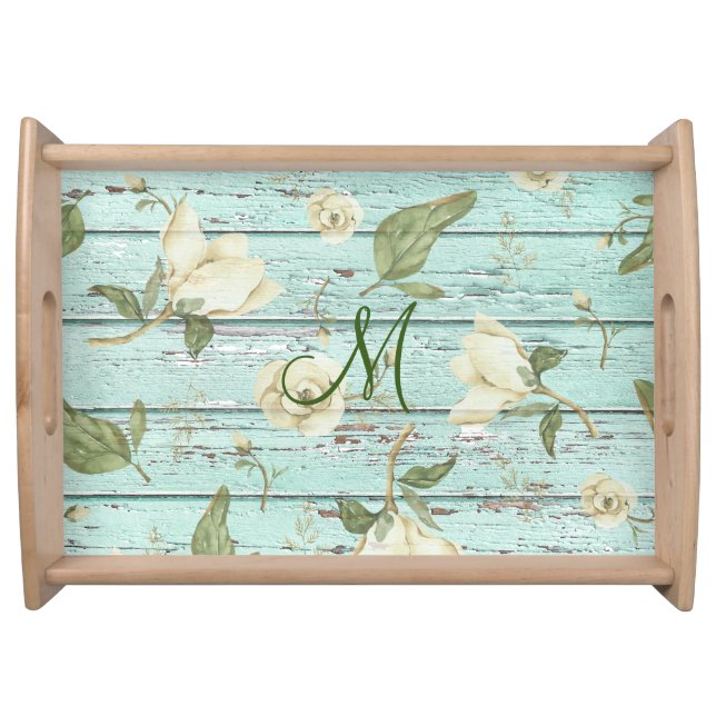 Green Aged Wood Monogram Magnolia  Serving Tray (Front)