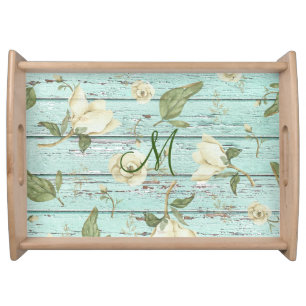 Green Aged Wood Monogram Magnolia Serving Tray