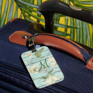 Green Aged Wood Monogram with Magnolias Luggage Tag