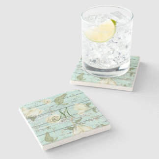 Green Aged Wood Monogram with Magnolias Stone Coaster