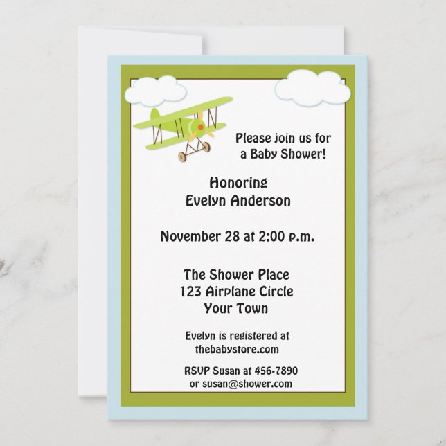 Green Airplane Baby Shower Invitation (Front)