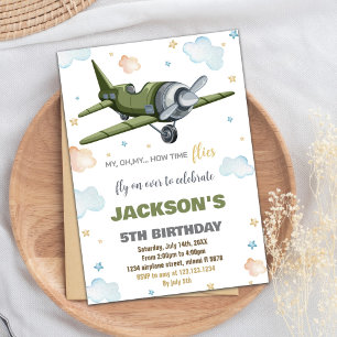 Green Airplane Birthday Invitations