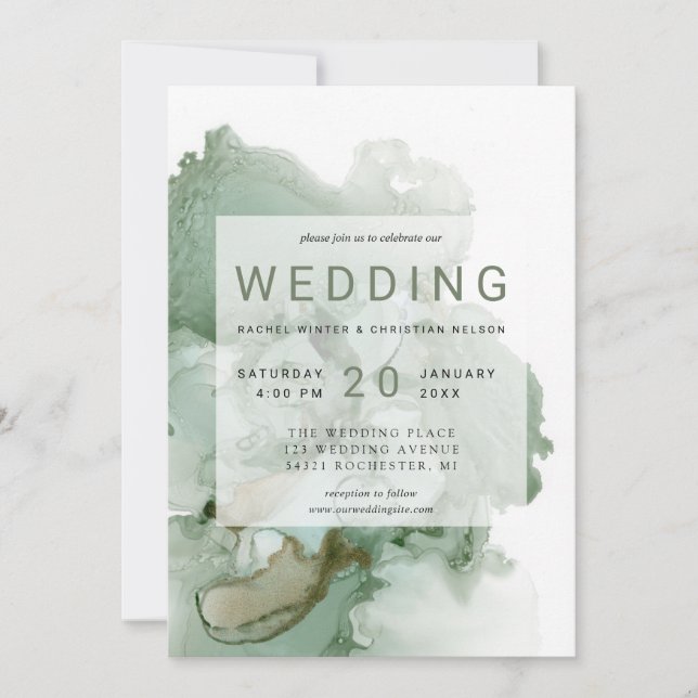 green alcohol ink wedding invitation (Front)