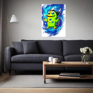 green alien creature many eyes AI Art Poster
