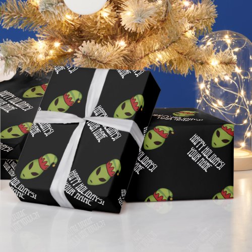 Green alien elf head custom black Christmas Wrapping Paper