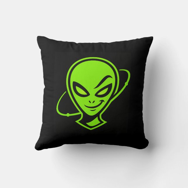 Green Alien Good Luck Throw Pillow (Back)