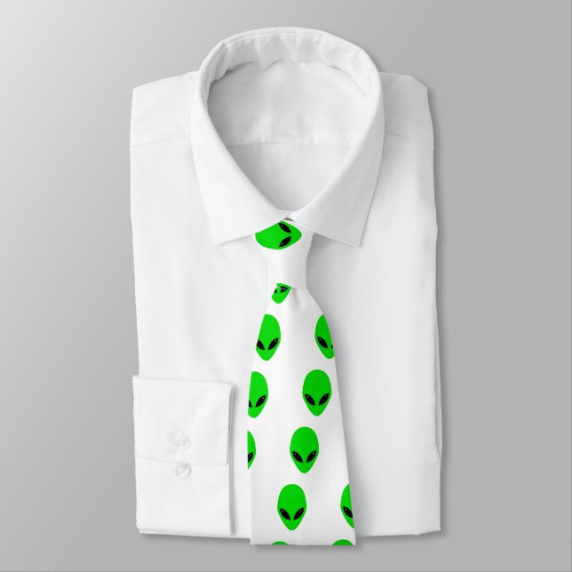 Green Alien Head pattern Neck Tie (Tied)