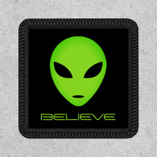 Green alien head with big black eyes custom patch