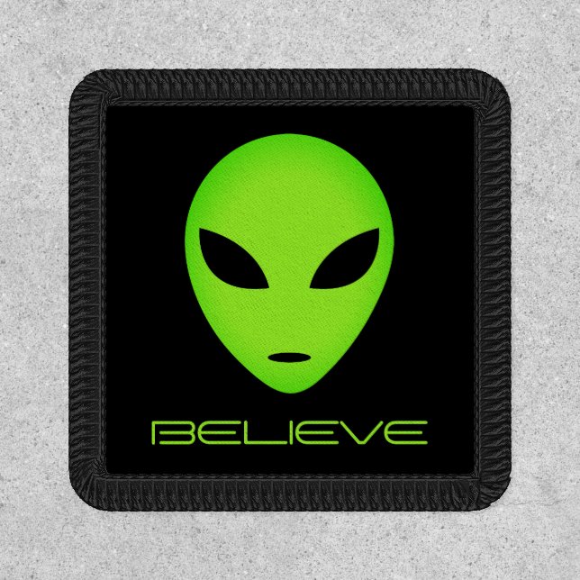 Green alien head with big black eyes custom patch (Front)