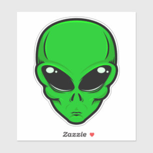 Green alien head with big black eyes sticker