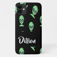 Green alien heads on black iPhone 11 case