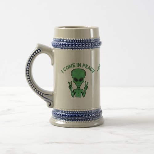 Green Alien I Come In Peace Extraterrestrial UFO Beer Stein