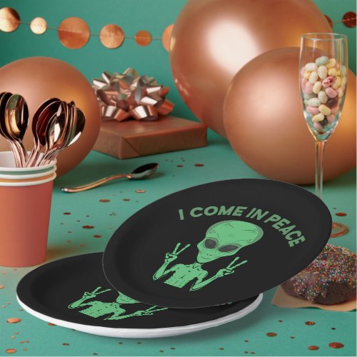 Green Alien I Come In Peace Extraterrestrial UFO Paper Plates