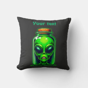 Green Alien in a Bottle Neon Sci-Fi Illustration Throw Pillow