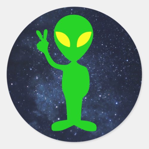 green alien peace sign classic round sticker